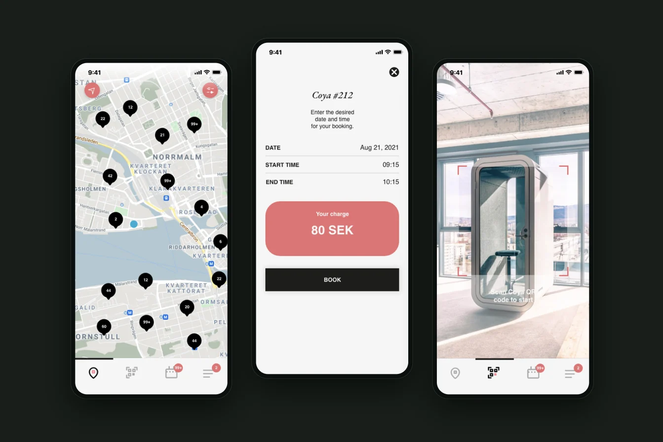 The Coya mobile app: a map of Stockholm with pods clustered by availability, a booking screen charging 80 SEK, and the camera scanning a pod's QR code to unlock it.